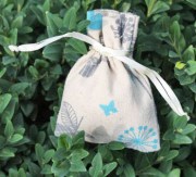 Jute zakje klein met bloemmotief blauw grijs